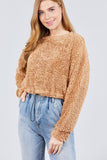 Long Dolman Sleeve Round Neck Toggle Elastic Hem Faux Fur Top