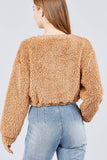 Long Dolman Sleeve Round Neck Toggle Elastic Hem Faux Fur Top