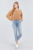 Long Dolman Sleeve Round Neck Toggle Elastic Hem Faux Fur Top