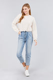 Long Dolman Sleeve Round Neck Toggle Elastic Hem Faux Fur Top