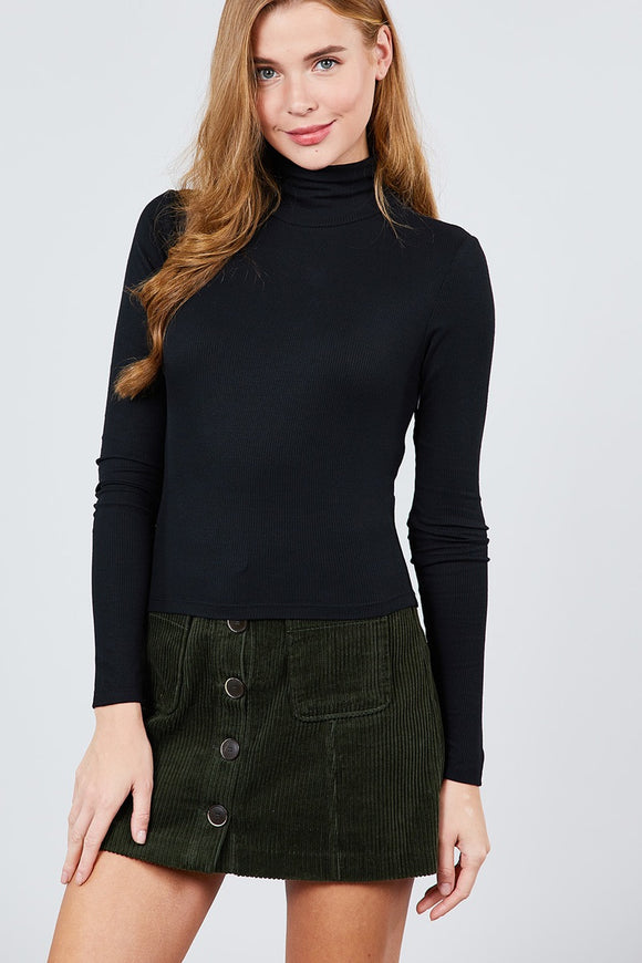 Long Sleeve Shirring Turtle Neck Rib Knit Top