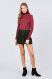 Long Sleeve Shirring Turtle Neck Rib Knit Top