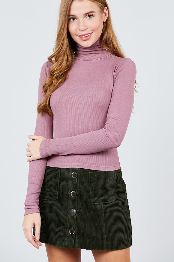 Long Sleeve Shirring Turtle Neck Rib Knit Top