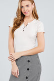 Short Sleeve Button Placket Henley Rib Knit Top