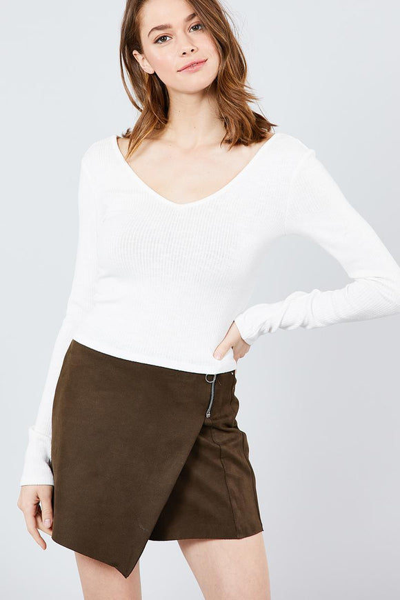 Long Sleeve Double V-neck Rib Knit Top