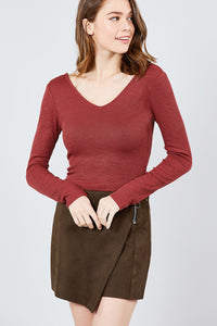 Long Sleeve Double V-neck Rib Knit Top