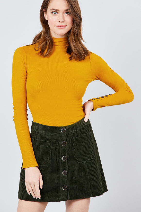 Long Sleeve W/button Detail Mock Neck Rib Knit Top