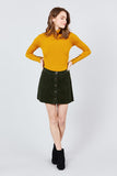 Long Sleeve W/button Detail Mock Neck Rib Knit Top