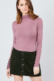 Long Sleeve W/button Detail Mock Neck Rib Knit Top