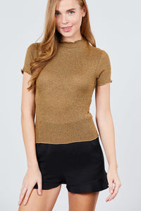 Short Sleeve Mock Neck W/lettuce Hem Hacci Rib Knit Top