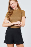 Short Sleeve Mock Neck W/lettuce Hem Hacci Rib Knit Top