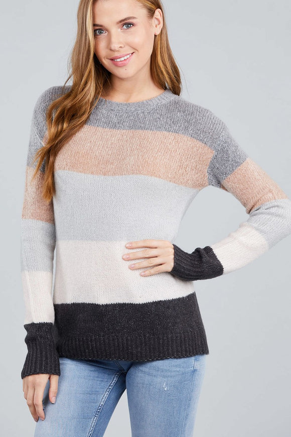 Long Sleeve Round Neck Color Block Sweater