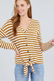 Long Sleeve V-neck W/buttoned Down Front Tie Stripe Cardigan