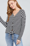 Long Sleeve V-neck W/buttoned Down Front Tie Stripe Cardigan