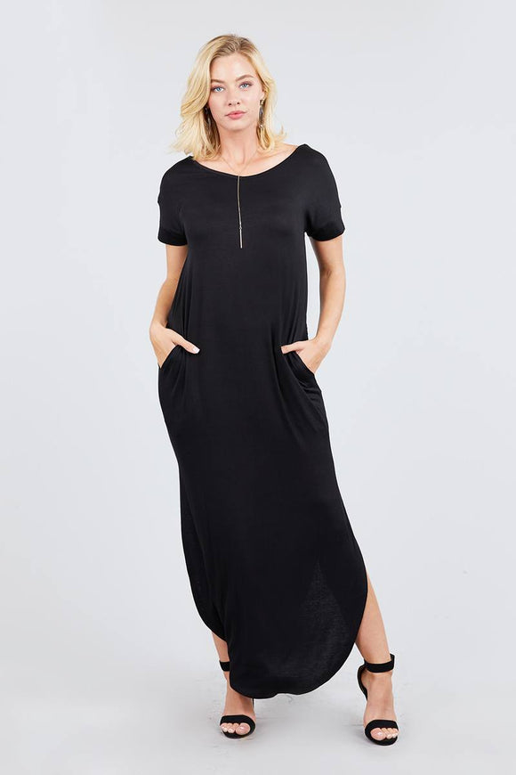 Short Dolman Sleeve Double V-neck W/side Pocket Rayon Spandex Side Slit Maxi Dress