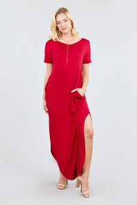 Short Dolman Sleeve Double V-neck W/side Pocket Rayon Spandex Side Slit Maxi Dress