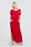 Short Dolman Sleeve Double V-neck W/side Pocket Rayon Spandex Side Slit Maxi Dress