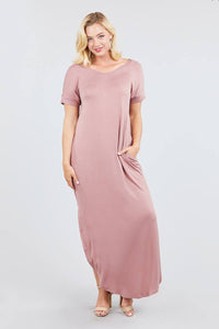 Short Dolman Sleeve Double V-neck W/side Pocket Rayon Spandex Side Slit Maxi Dress