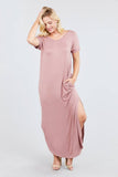 Short Dolman Sleeve Double V-neck W/side Pocket Rayon Spandex Side Slit Maxi Dress