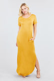 Short Dolman Sleeve Double V-neck W/side Pocket Rayon Spandex Side Slit Maxi Dress