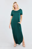 Short Dolman Sleeve Double V-neck W/side Pocket Rayon Spandex Side Slit Maxi Dress