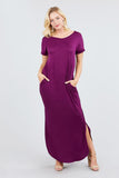 Short Dolman Sleeve Double V-neck W/side Pocket Rayon Spandex Side Slit Maxi Dress