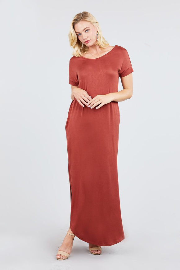 Short Dolman Sleeve Double V-neck W/side Pocket Rayon Spandex Side Slit Maxi Dress