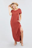 Short Dolman Sleeve Double V-neck W/side Pocket Rayon Spandex Side Slit Maxi Dress