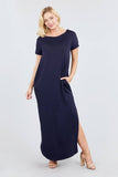 Short Dolman Sleeve Double V-neck W/side Pocket Rayon Spandex Side Slit Maxi Dress