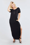 Short Dolman Sleeve Double V-neck W/side Pocket Rayon Spandex Side Slit Maxi Dress