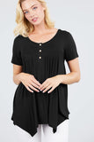 Short Sleeve Scoop Neck W/button Shirring Detail Rayon Spandex Top