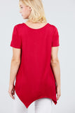 Short Sleeve Scoop Neck W/button Shirring Detail Rayon Spandex Top