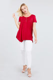 Short Sleeve Scoop Neck W/button Shirring Detail Rayon Spandex Top