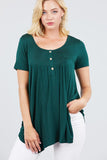 Short Sleeve Scoop Neck W/button Shirring Detail Rayon Spandex Top