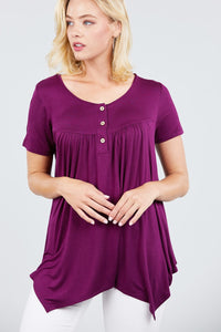 Short Sleeve Scoop Neck W/button Shirring Detail Rayon Spandex Top