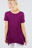 Short Sleeve Scoop Neck W/button Shirring Detail Rayon Spandex Top