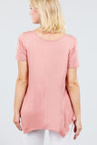 Short Sleeve Scoop Neck W/button Shirring Detail Rayon Spandex Top