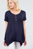 Short Sleeve Scoop Neck W/button Shirring Detail Rayon Spandex Top