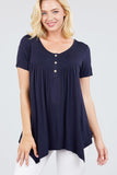 Short Sleeve Scoop Neck W/button Shirring Detail Rayon Spandex Top