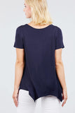 Short Sleeve Scoop Neck W/button Shirring Detail Rayon Spandex Top