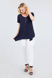 Short Sleeve Scoop Neck W/button Shirring Detail Rayon Spandex Top