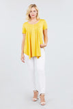 Short Sleeve Scoop Neck W/button Shirring Detail Rayon Spandex Top