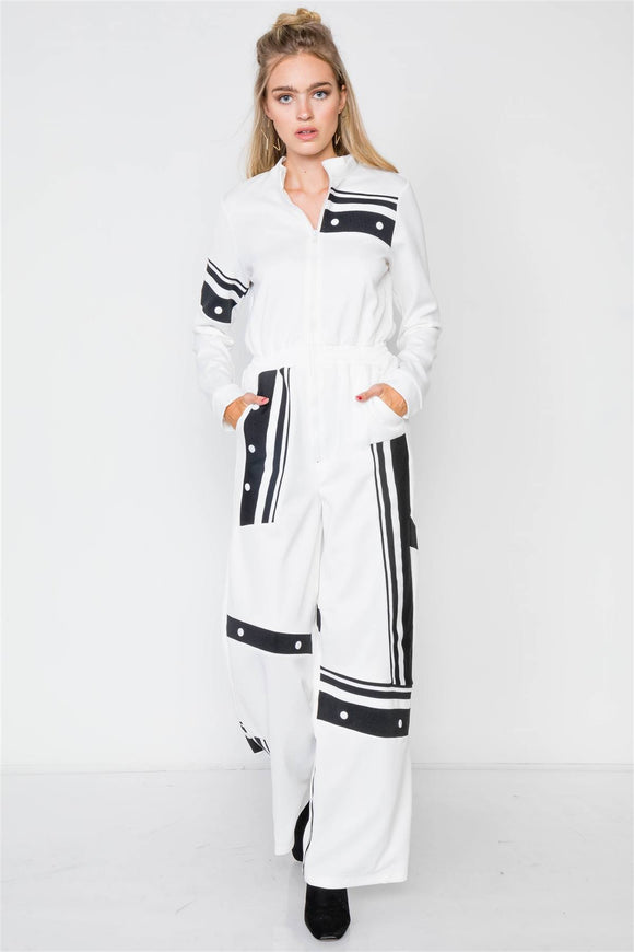 White Knit Color Block Zip-front Long Sleeve Jumpsuit