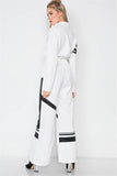 White Knit Color Block Zip-front Long Sleeve Jumpsuit