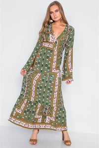 Multi Olive V-neck Long Sleeve Maxi Boho Dress