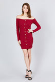 Long Sleeve Button Down Detail Off The Shoulder Cotton Spandex Heavy Rib Mini Dress