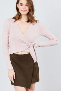 Long Sleeve V-neck Wrapped Tie Brushed Hacci Top