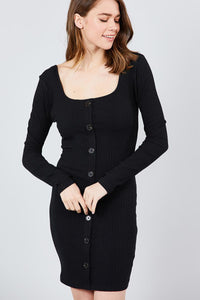 Long Sleeve U-neck Front Button Detail Rib Mini Dress