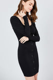 Long Sleeve U-neck Front Button Detail Rib Mini Dress