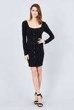 Long Sleeve U-neck Front Button Detail Rib Mini Dress